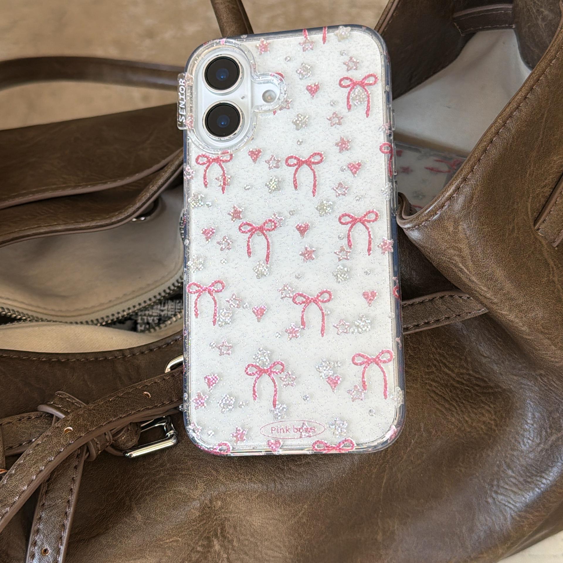 

Korean-Style Gold Foil Bowknot Phone Case with Chain for iPhone 14/15/16/17 Pro Max iPhone 17