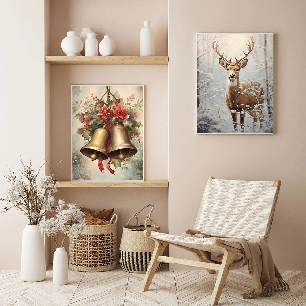 Christmas Tree Wall Art Decor Santa Claus On Swing Posters Prints Snowman Deer Winter Canvas Painting For Festival Decoration