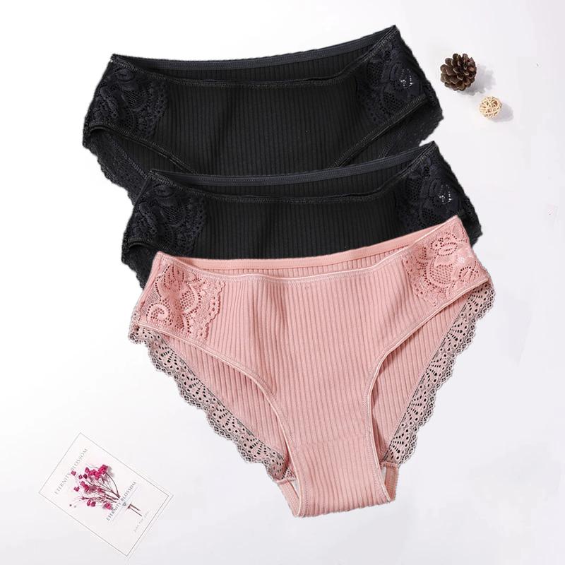 

Floral Lace Cotton Women Panties Underwear Women Briefs Comfortable Female Underpants Solid Color Pantys Lingerie M-XXL 3PCS/Set M&3pcs