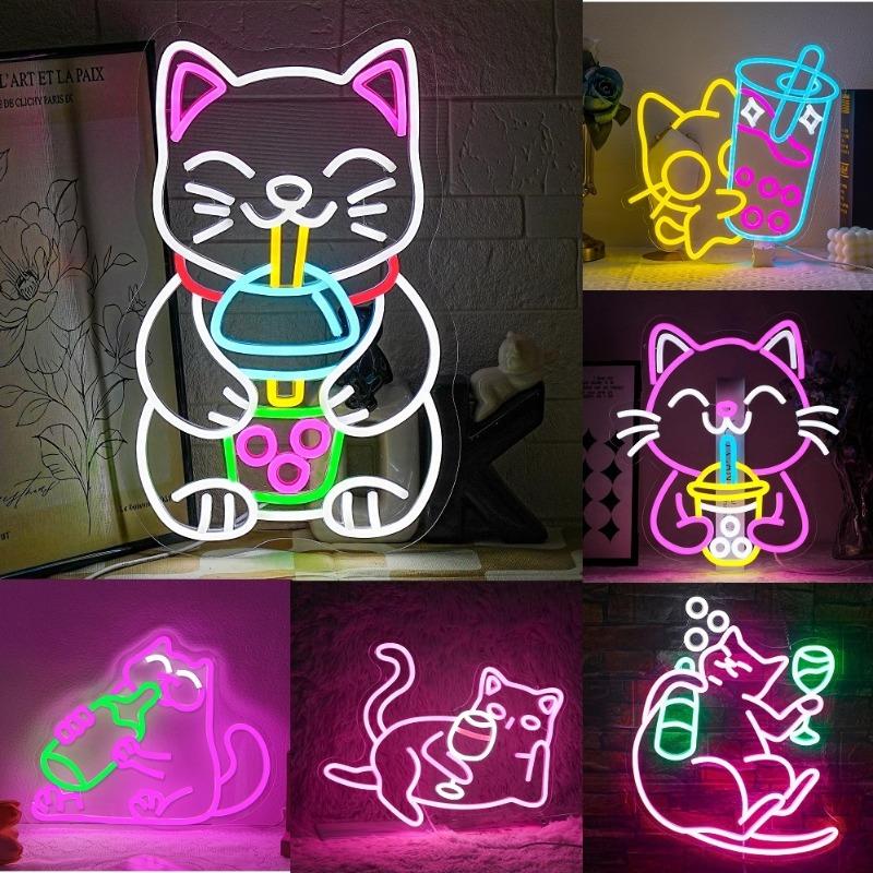 Boba Tea Neon Sign Cat Beer Neon Sign Bubble Tea Shop Sign Led Wall Decor Dimmable Room Decoration Dessert Shop Bar Club USB