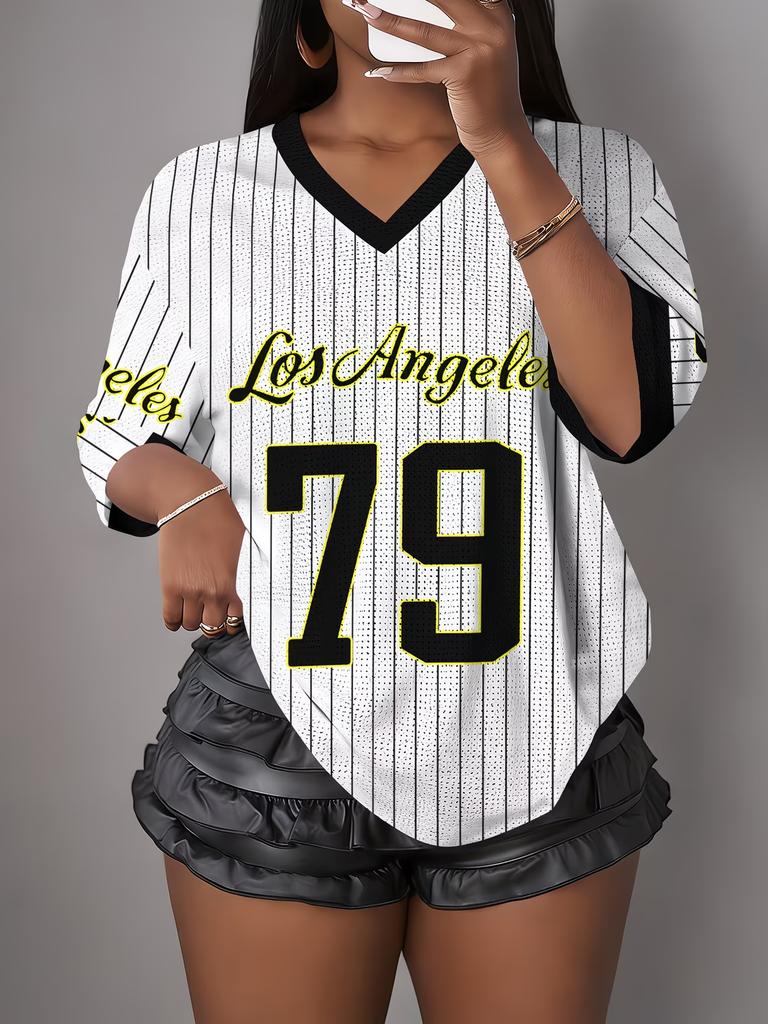 Women's Los Angeles NO.21 Print V-Neck Short Sleeve T-Shirt Summer Graphic Tee Hole Mesh Jerseys Plus Size Sport T-Shirt