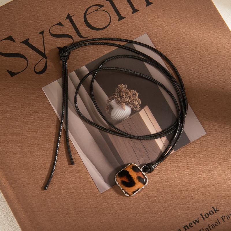 Autumn and Winter Retro Heart-shaped Square Leopard Print Pendant Necklace Long Black Rope Sweater Chain