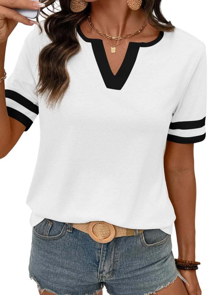 European and American Women's Summer Top V-neck Short-sleeved T-shirt Color Matching Casual T-shirt