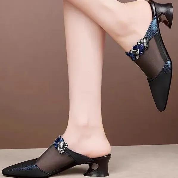 sapatos femininas women cute light weight black mesh breathable spring slip on square heel shoes lady navy blue heel shoes ga347