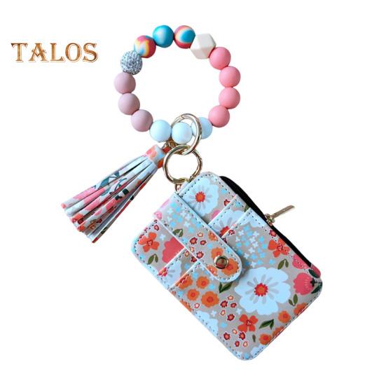 Damen-Geldbörse mit Blumenmuster, Boho-Stil, Münzbörse, Schlüsselanhänger mit Quaste, elastischer Armband-Geldbörse mit Perlen und Sichtfenster für Ausweise, zum Einkaufen, Reisen, Alltag