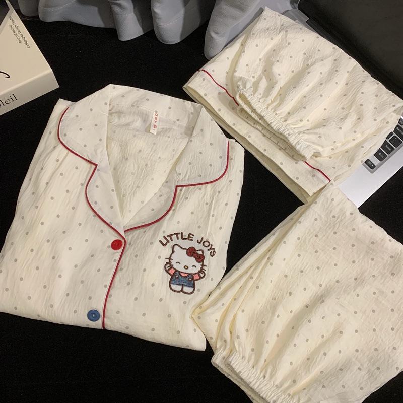 Blue Bear Women's Summer Cotton Pajama Set - Short-Sleeved, Cute Cartoon Design, Three-Piece Loungewear.