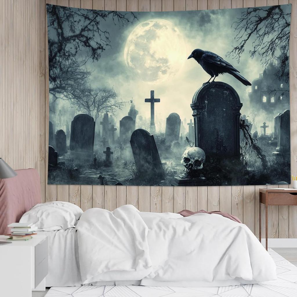 Halloween Tapestry Wall Hanging Horror Tombstone and Scary Skull In Cemetery Wall Art Spooky Dead Tree and Crow Under Full Moon