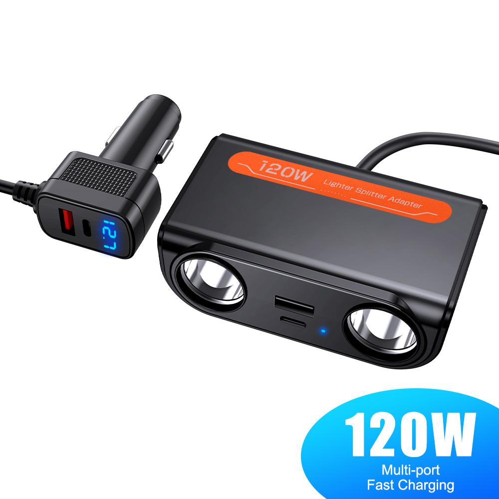 120W Car Cigarette Lighter Adapter PD QC USB Fast Charge Plug Splitter Ports Socket LED Voltmeter Electric Auto Accessories