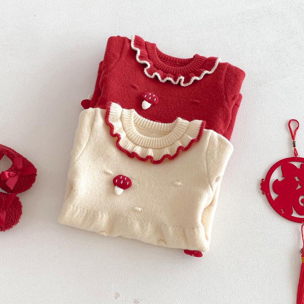 2025 Winter Baby Girls' 3D Mushroom Knit Dress – Chinese New Year & 1st Birthday Outfit