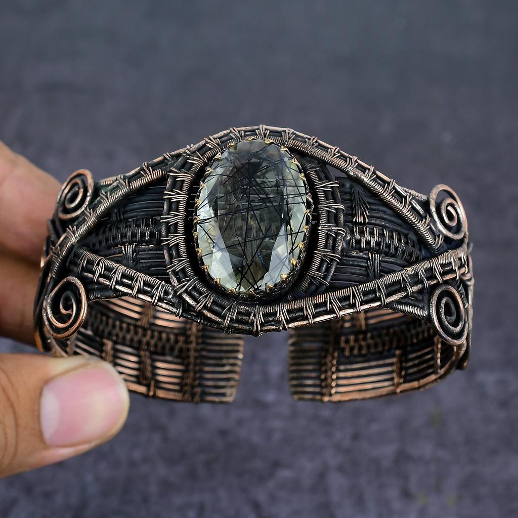 Natural Black Rutile Gemstone Copper Wire Wrap Cuff Bangle Adjustable R7N37