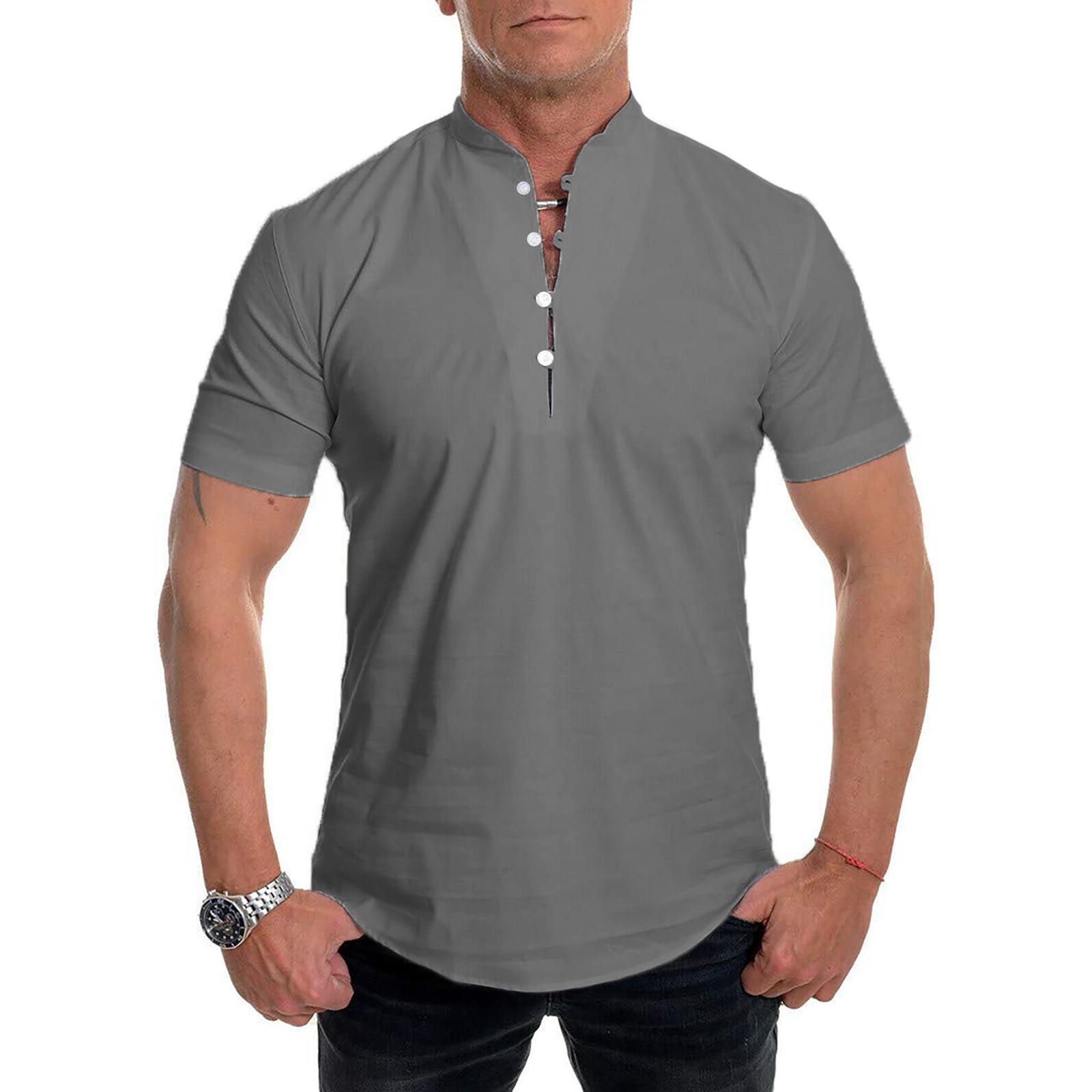 

Мужская льняная повседневная рубашка с короткими рукавами без воротника с воротником-стойкой, летний топ XXL