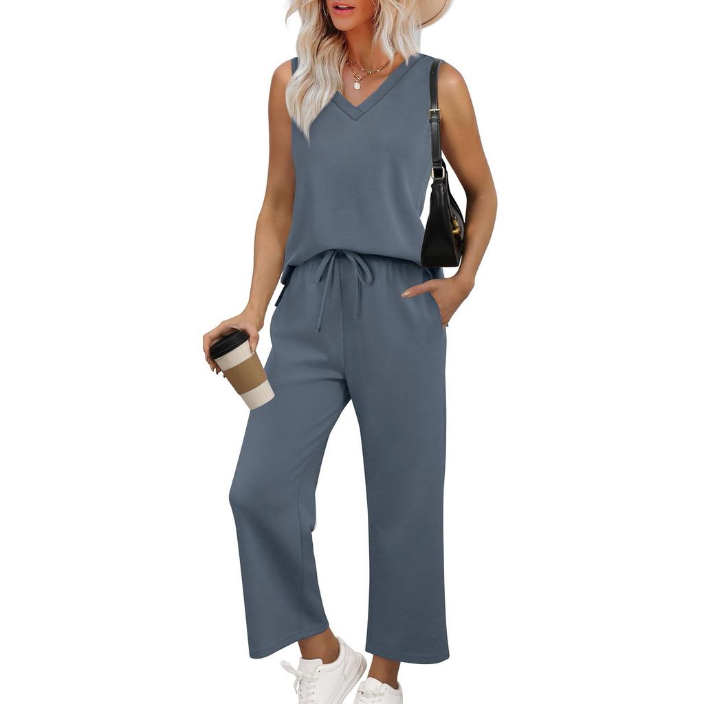 Women's Casual Fashion Sleeveless V-Neck Loose Wide Leg Pants Set