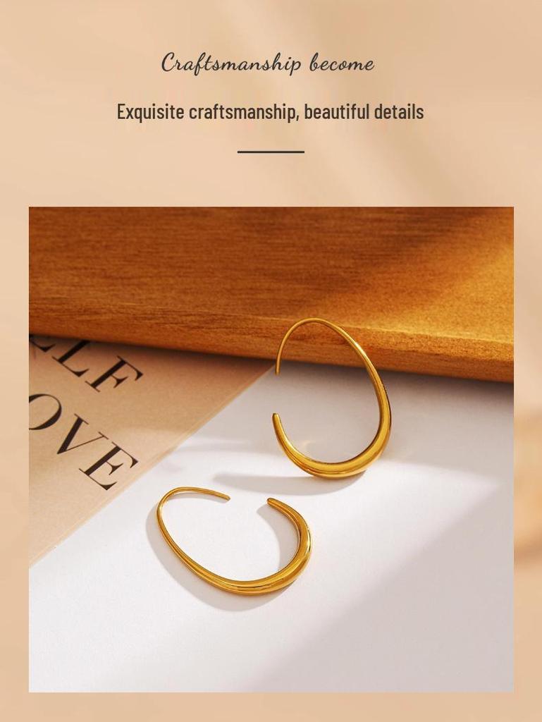 18K Gold Large Crescent Stud Earrings - Stainless Steel, Titanium, Waterproof European-American Design