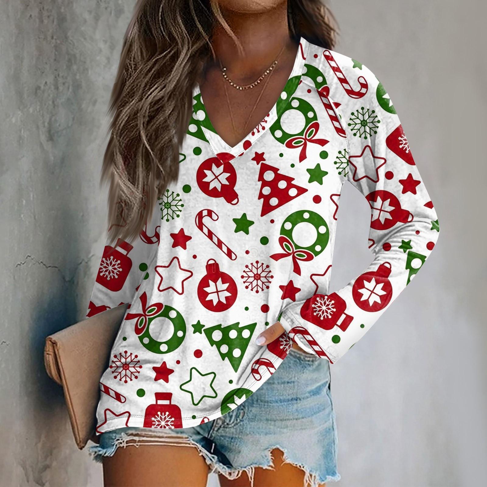 

Женская повседневная мода рождественский графический принт повседневный принт длинный рукав V-образный вырез пуловер топ блузка L