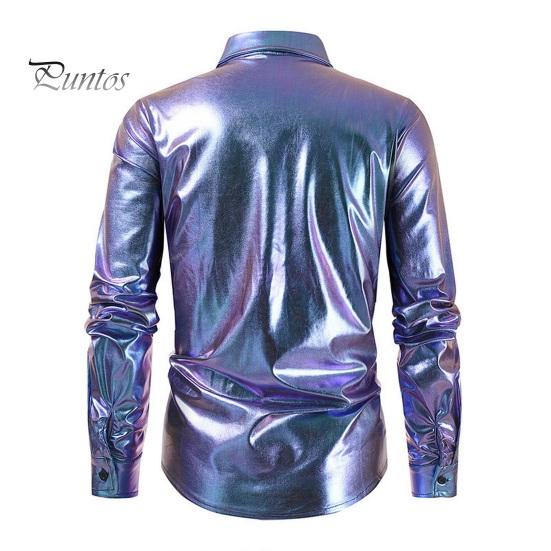 Men Surface Glossy Shirt Performance Turndown Collar Singlebreasted Long Sleeves Buttons Satin Club Party Disco Stage Show