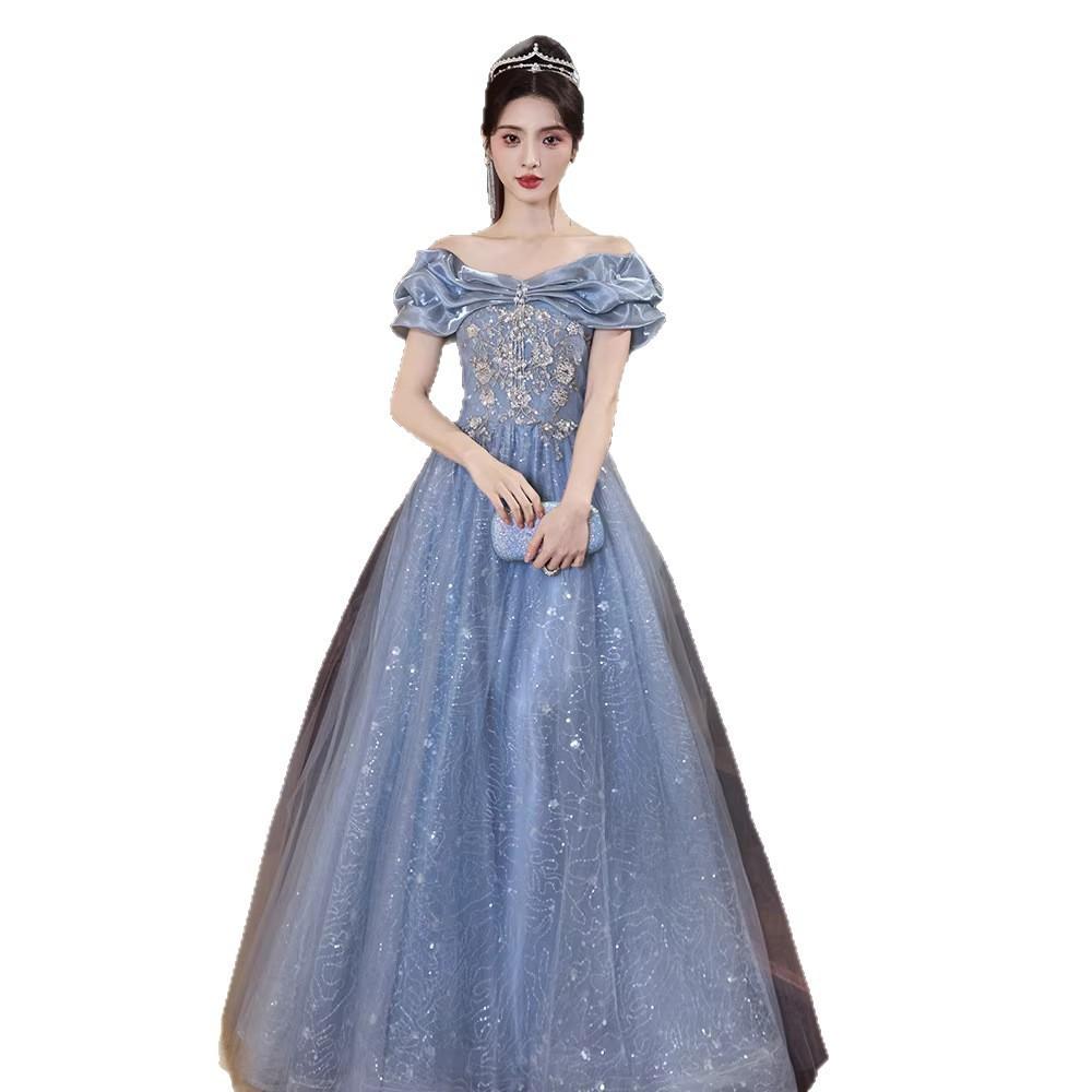 One-word shoulder blue evening dress skirt 1011 new banquet temperament light luxury niche host adult ceremony birthday dress