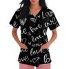 Women's V,neck Valentine's Day Printed Short,sleeved Pocket Side,slit Protective Suit Top