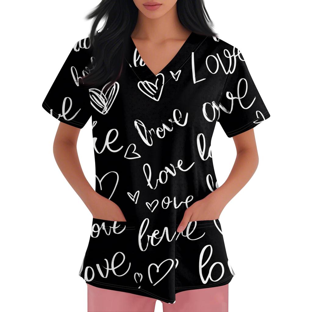 Women's V,neck Valentine's Day Printed Short,sleeved Pocket Side,slit Protective Suit Top