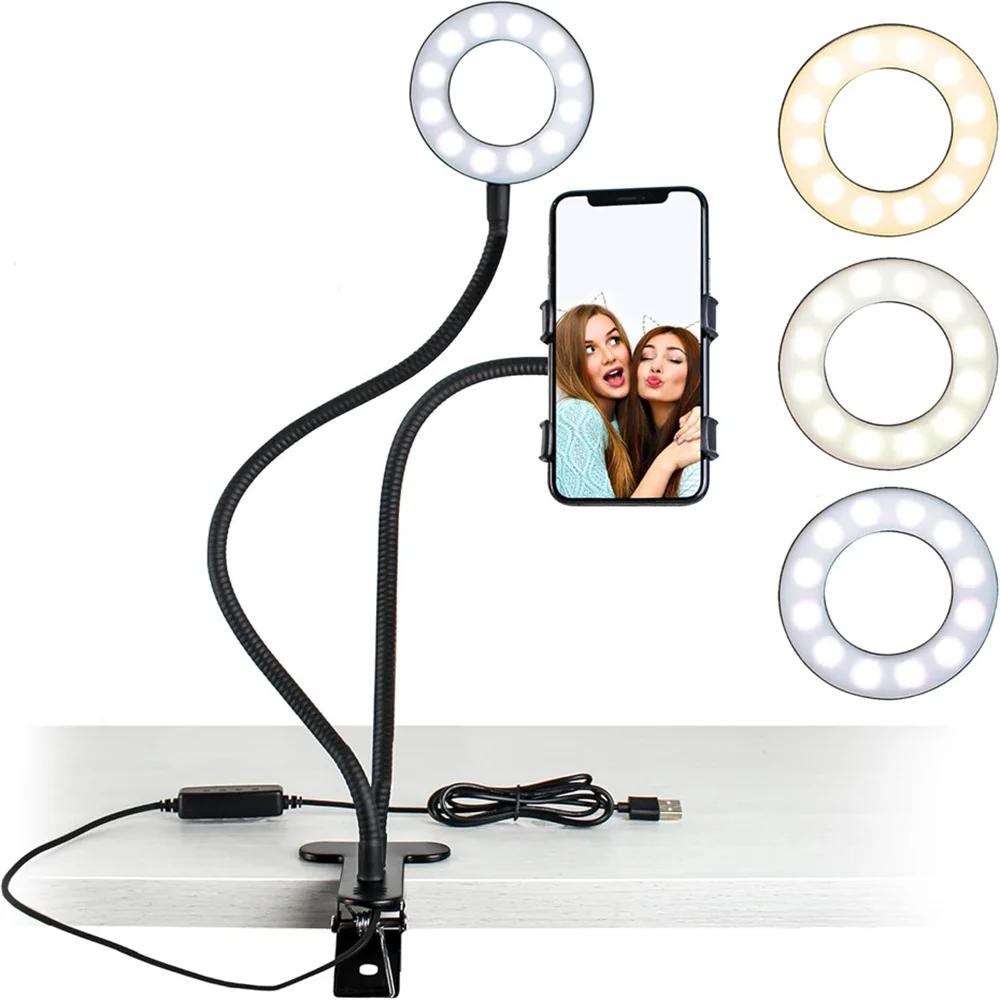 Universal Flexible Mobile Phone Holder with Selfie Ring Light Office Lazy Bracket Desk Lamp LED Light for Live Stream Fill light