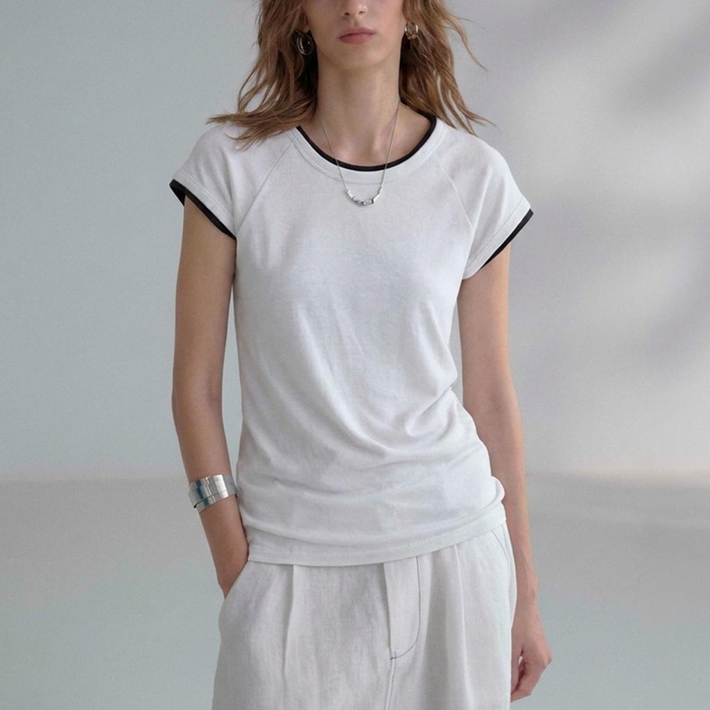 Cool Knitted Lyocell Linen T-Shirt Commuter Shirt Women's Summer Elastic Slim Short Sleeve Design Contrasting Top