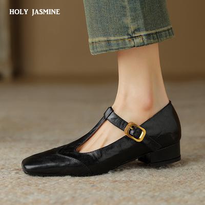 2024 Pompe noi de înaltă calitate pentru femei, cu tocuri înalte groase, din piele naturală, cu curele în T, catarame, pantofi retro de primăvară-vară, pantofi de birou pentru femei