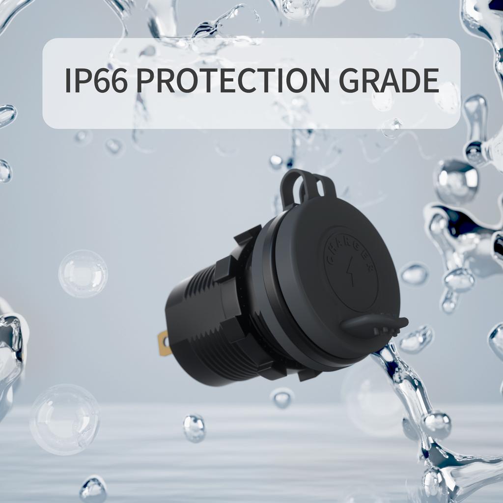 12V-24V Car QC3.0 Fast Charging USB and PD Dual Port for Car Motorcycles, h Bikes, SUVs, Boats IP66 Waterproof Multiple A
