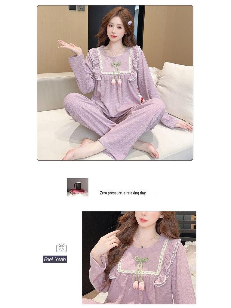 Spring & Autumn Women's Slimming Pajamas: Jacquard Long Sleeve & Pants Set, Sweet Plus Size, High-End Home Wear.