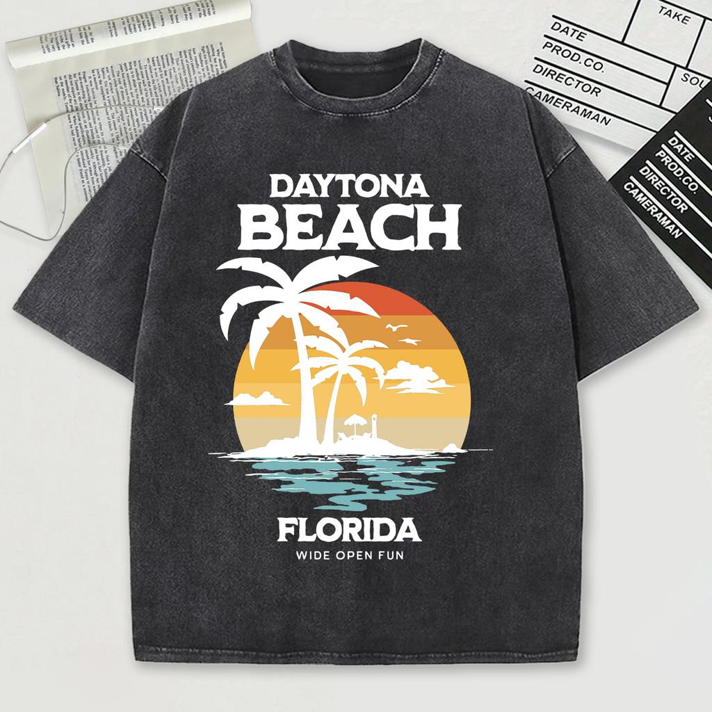 Daytona Beach Florida Wide Open Fun Print Snow Wash Mens T-Shirt O-Neck Tee Soft Cotton Top Trendy Unisex Short Sleeve