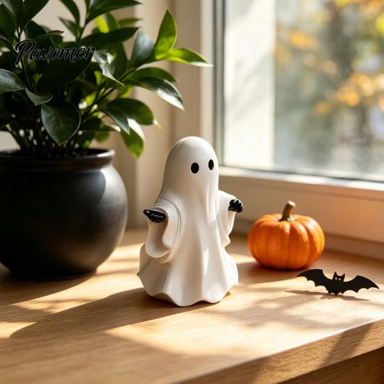 Small Halloween Table Ornament Cute White Ghost Resin Figurine, Miniature Figurine Decoration, Matte Tabletop Centerpiece Finish Statue for Home Shelf