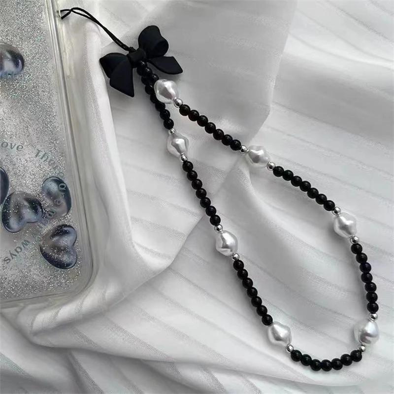 Korean Cute 3D Black Bow White Bead Beaded Phone Chain Charm Lanyard For iPhone CCD Hanging Rope Girl Jewelry Pendant Decoration