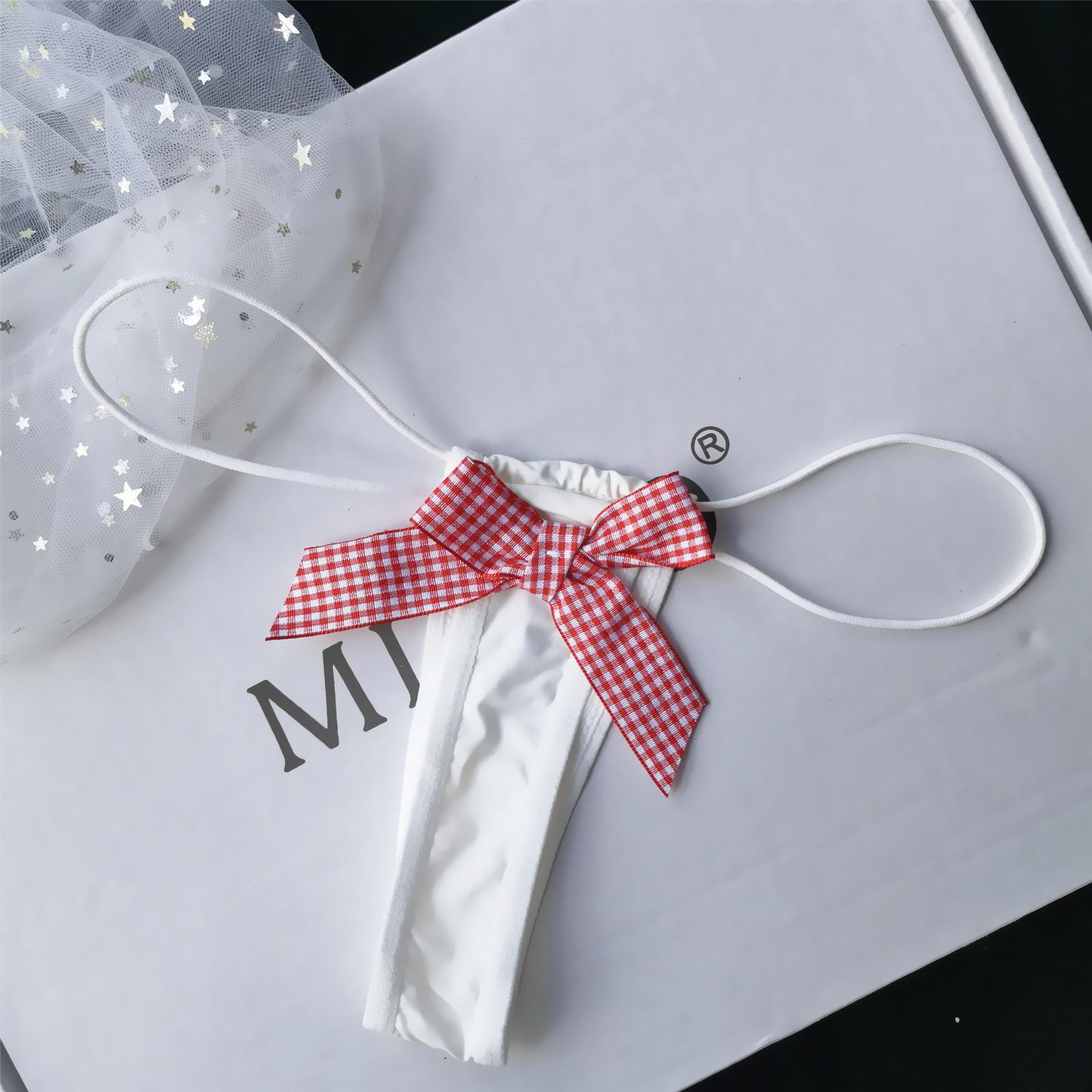 Мини-бикини-стринги в клетку с бантом - Низкая посадка, ледяной шелк Medium белый