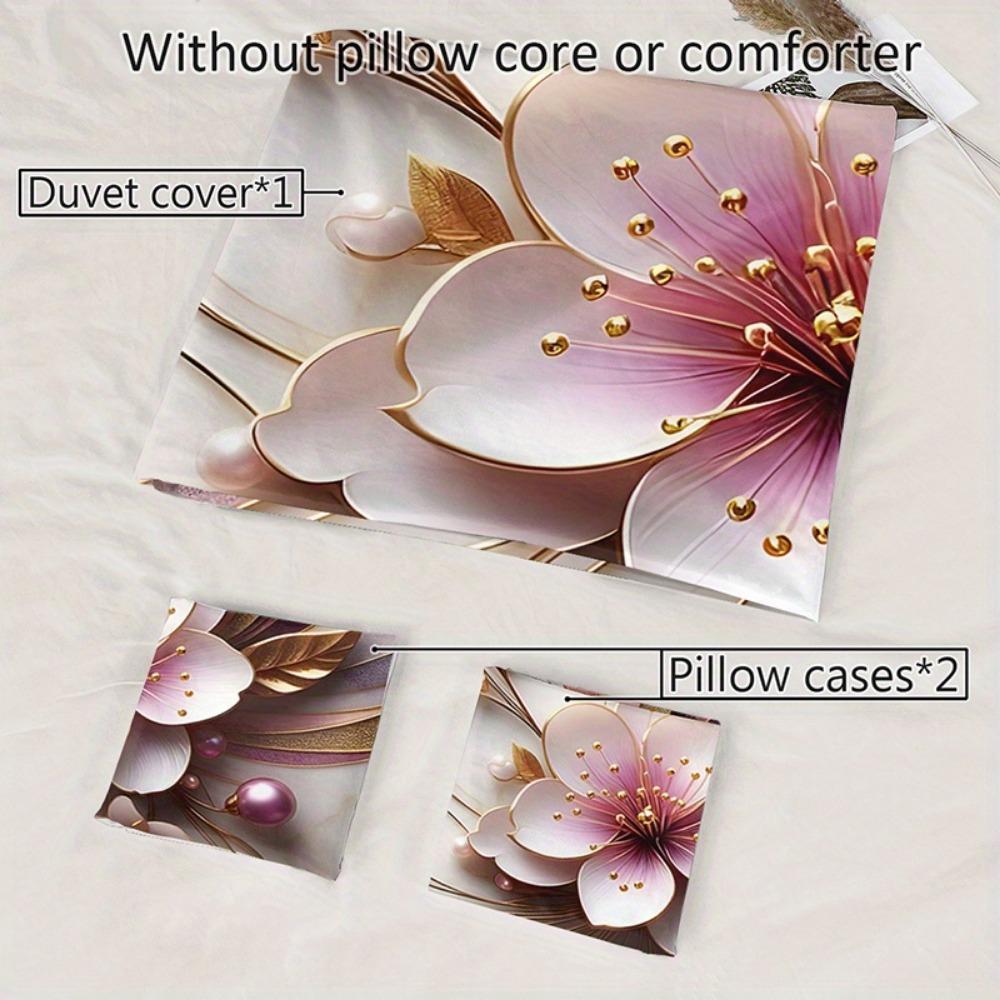 Pink Beding Set Beautiful Flower Gorgeous Design Cozy Soft Duvet Cover Set King Quen Twin Single Sized Dimensions Birthday Gift Bedrom Decor