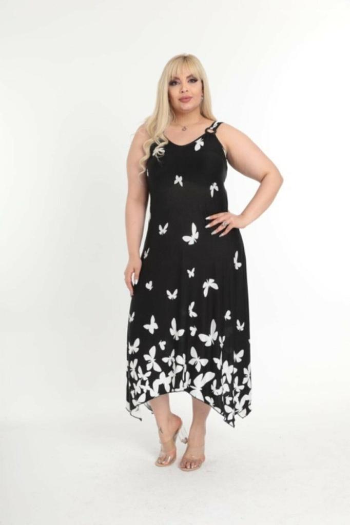 Dámské Šaty Velké Velikosti Plus Size Černé Vzorované Šaty s Motýlky a Detaily s Přezkou