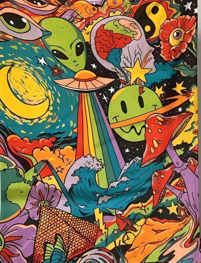 Psychedelic Cosmic Adventure Blanket - Vibrant and Colorful Design with Aliens, UFOs, and Fantasy Elements, Perfect for Any Room 130x150cm