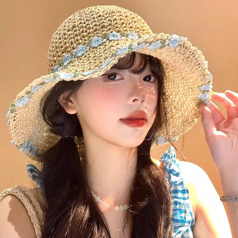 Sweet flower summer straw hat women's seaside beach vacation hollow shading breathable outdoor leisure versatile bucket hat