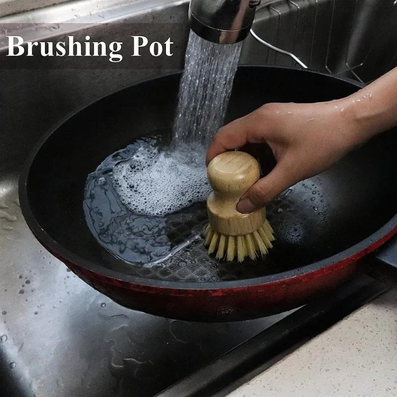 Bamboo Dishwashing Brush Natural Sisal Wooden Handle High Density Bristles for Cast Iron Pans Pots Dishes Fruits Vegetables Clea