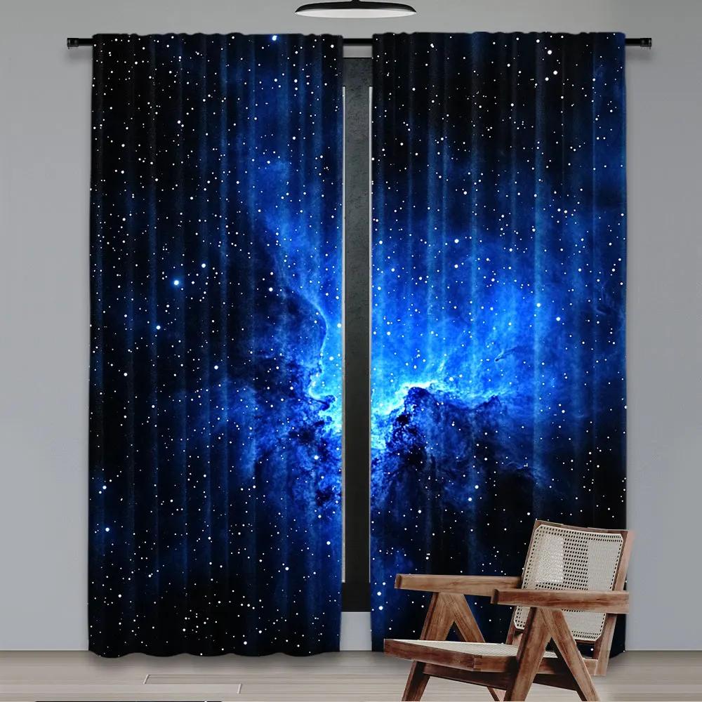 2Pcs Galaxy Stars Curtain Starry Night Sky Outer Space Galaxy Universe Nebula Space Window Drapes Room Decor 53cmX116cmX2pcs