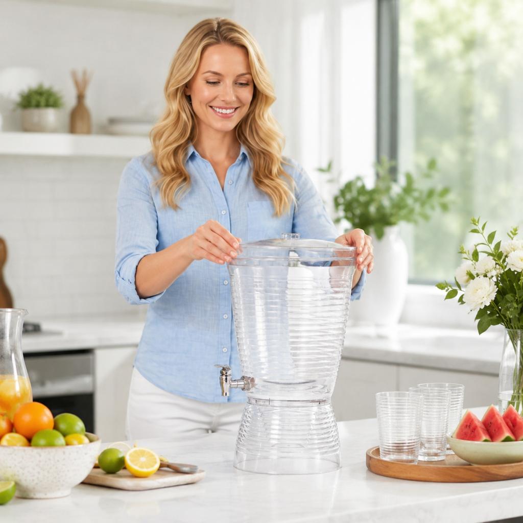 Large Plastic Beverage Dispenser with Spigot for Parties and Events Durable Clear Drink Container with Lid and Base Suitable for Cold Beverages