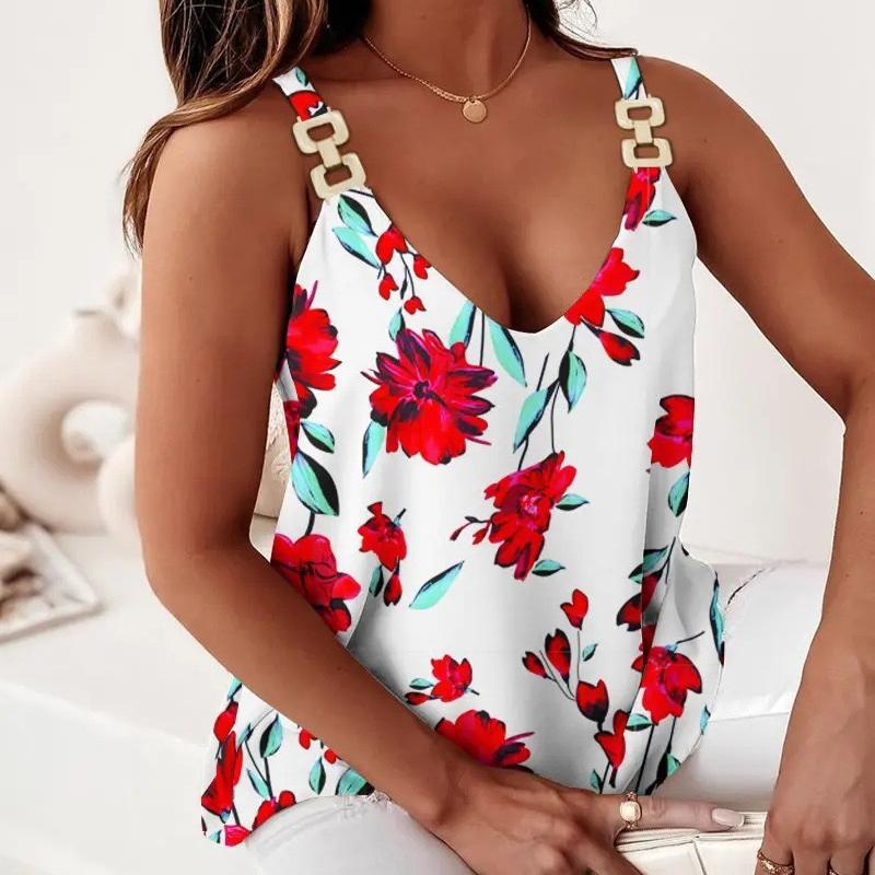 

Глубокий V-образный вырез с геометрическим принтом, женская футболка без рукавов с цепочкой на ремне, летний модный топ-майка S белый