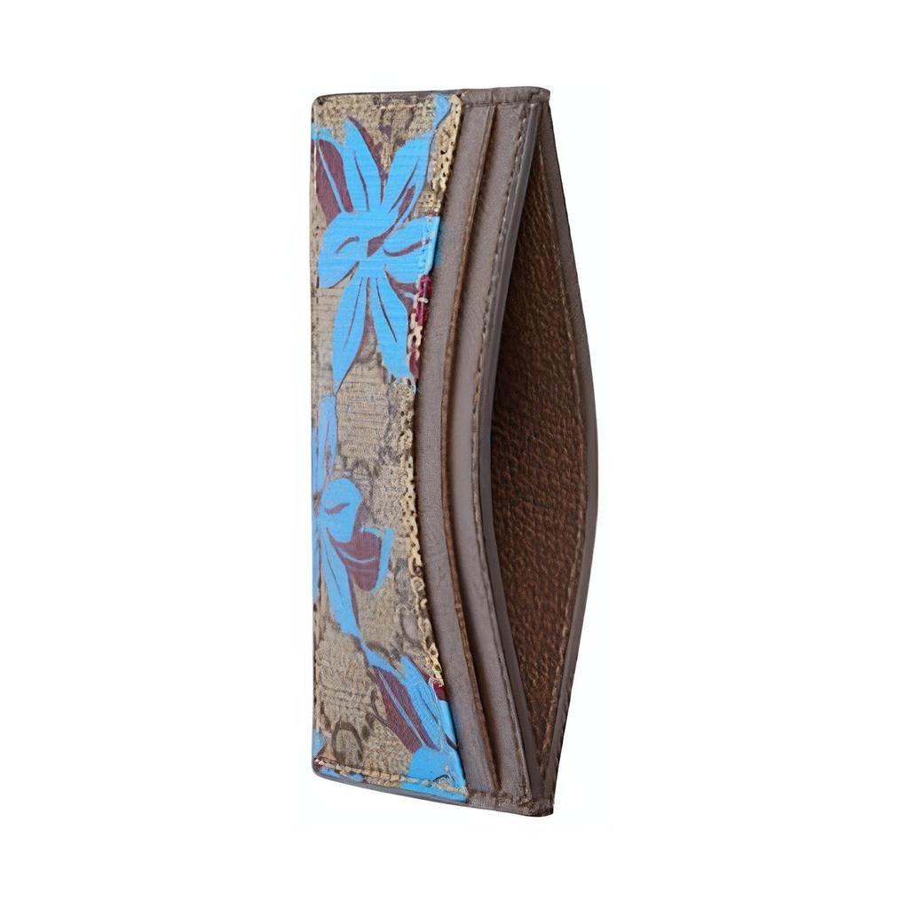 Gucci Blue Floral Pattern Canvas Card Holder Men Accessories Beige Dark-Brown 841149-FAE0D-9846