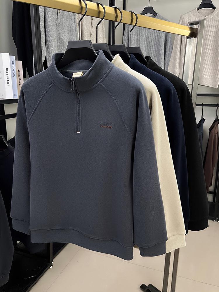 - "Warm Wool Sherpa Fleece Half-Zip Sweatshirt with Stand Collar - Double-Sided Velvet for Autumn/Winter"