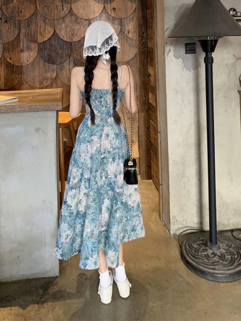 French Retro Summer Floral Suspender Skirt Oil Painting Suspender Dress New Set Hollow Cardigan