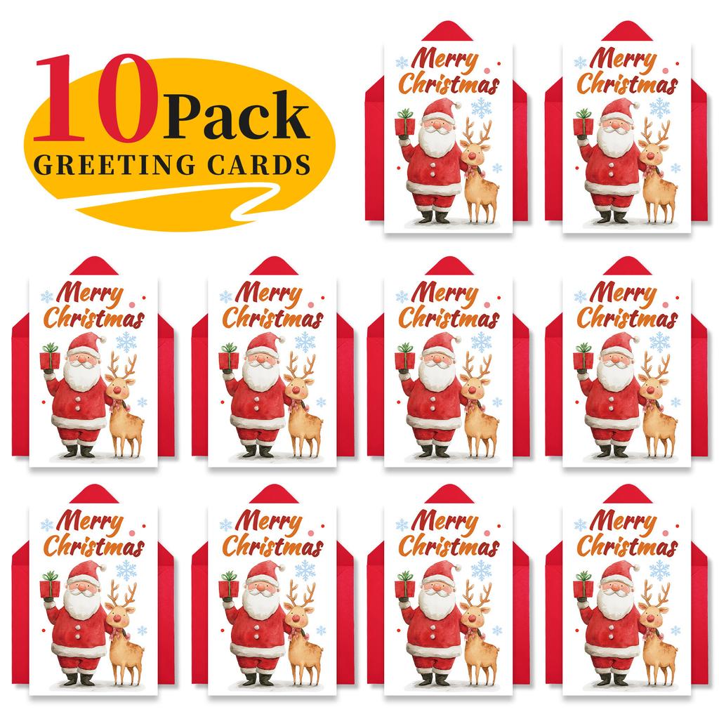 10PCS Christmas Greeting Cards Set with Envelopes, Cartoon Hand-drawn Xmas Cards for Holiday Wishes & Gifts