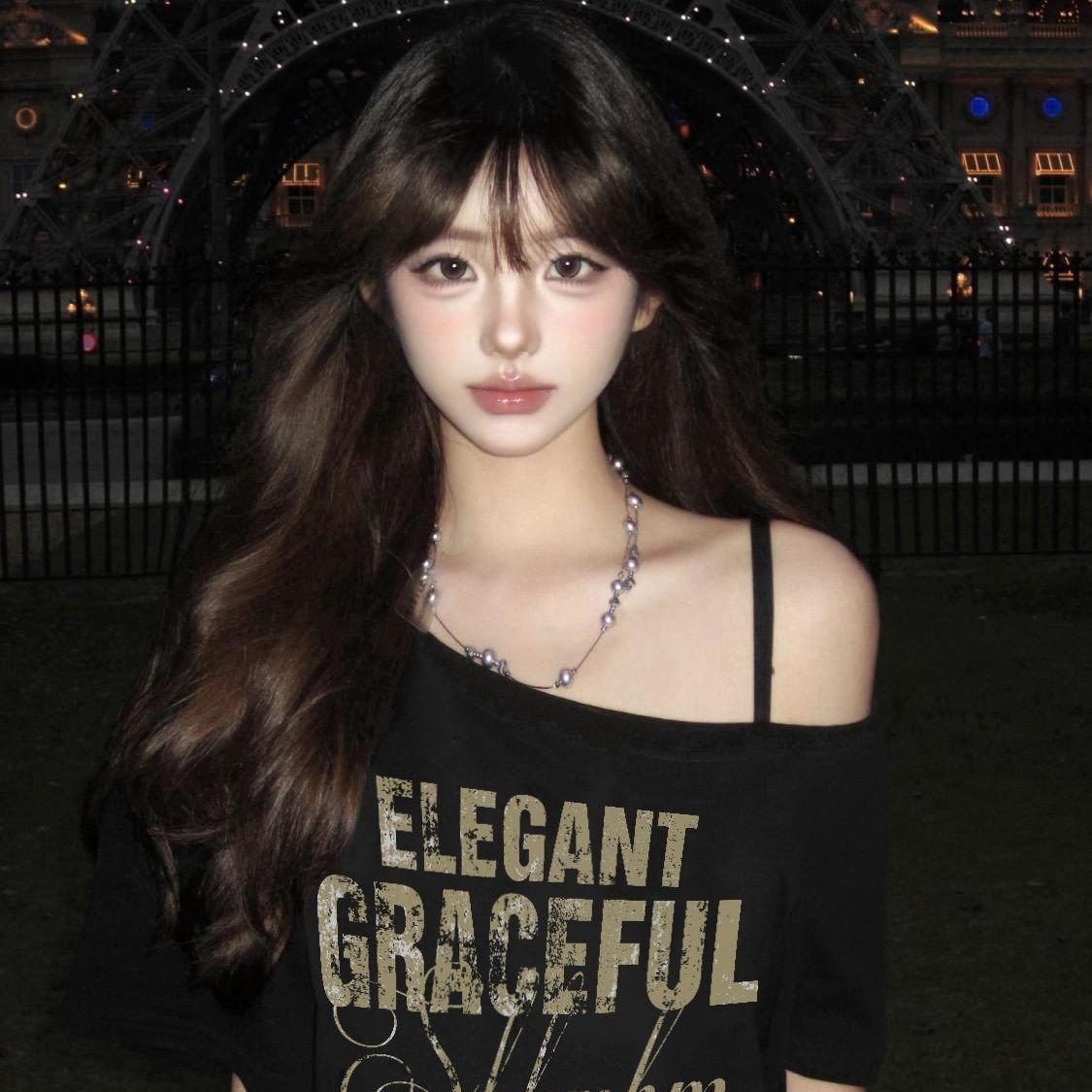 

American High Street Slanted Shoulder Short-sleeved T-shirt Women in Summer Lazy Style Slim Versatile Top S чорний