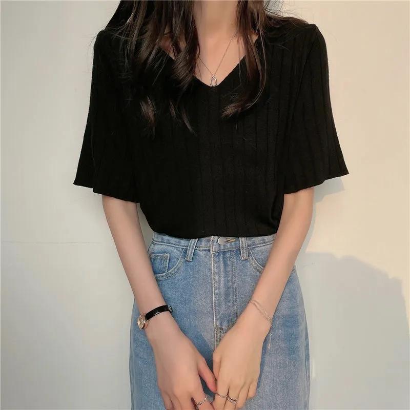 V-neck Tops Summer Short Sleeve T-shirt Loose Pit Striped Sweater Women's Casual Bottoming Shirt Aesthetic Simple Tee Y2k Top