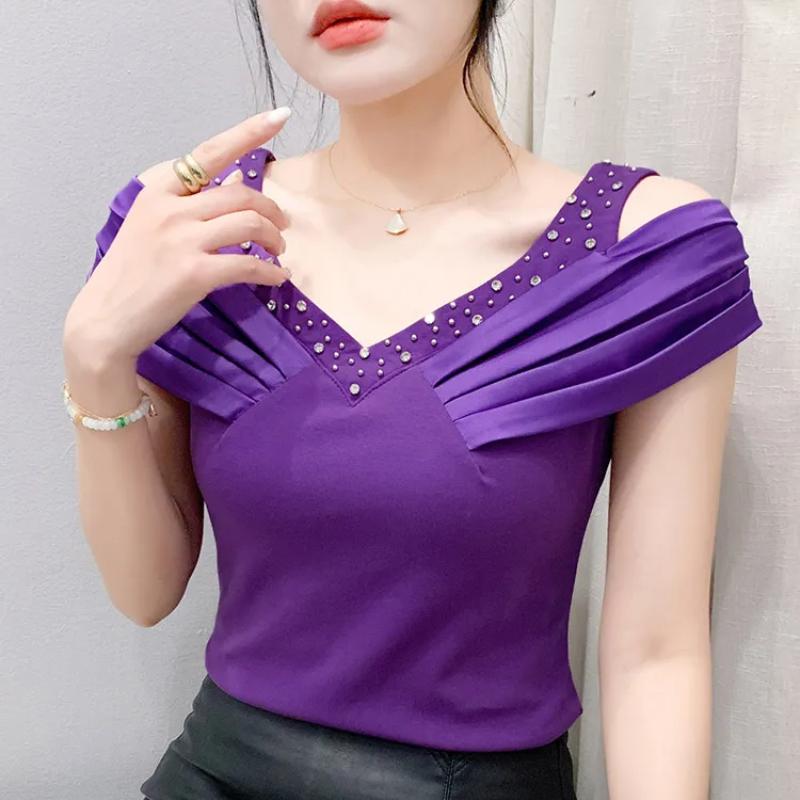 Classic Summer Women's Sexy V-Neck Hot Diamonds T-shirt Elegant Off Shoulder Ladies Tops Shirts Short Sleeved Cotton Tees