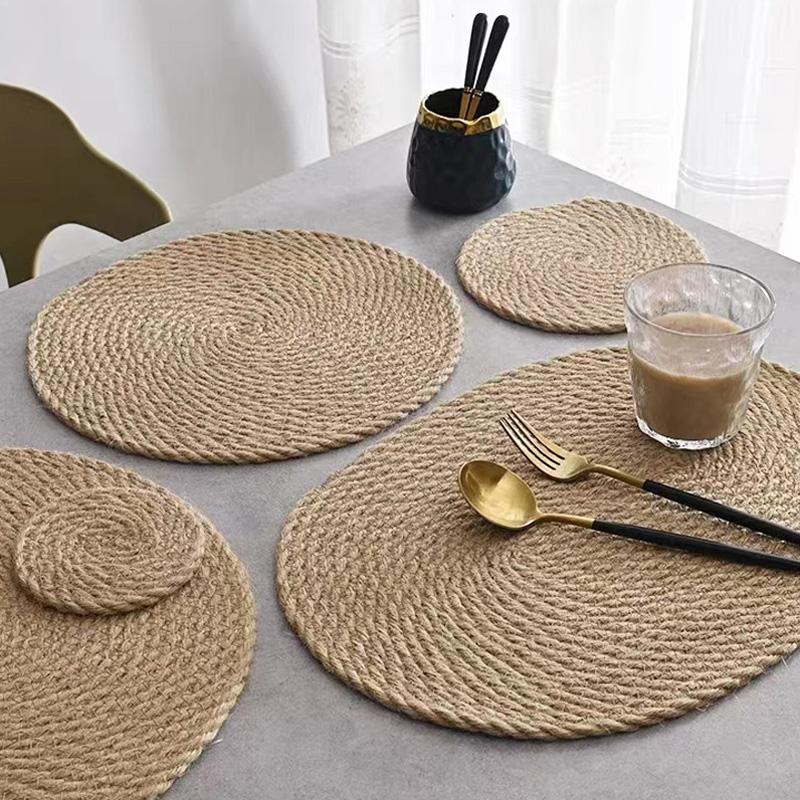 1PC Grass Woven Coaster Circular Placemat Hand Woven Insulation Pad Elliptical Cotton and Hemp Bowl Mat Pot Mat Simple Natural