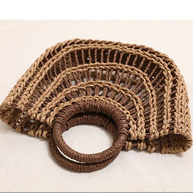 IELGY Fashion Hollow Semicircle Portable Straw Bag Round Handle Contrast Color Woven Vacation Beach Bag