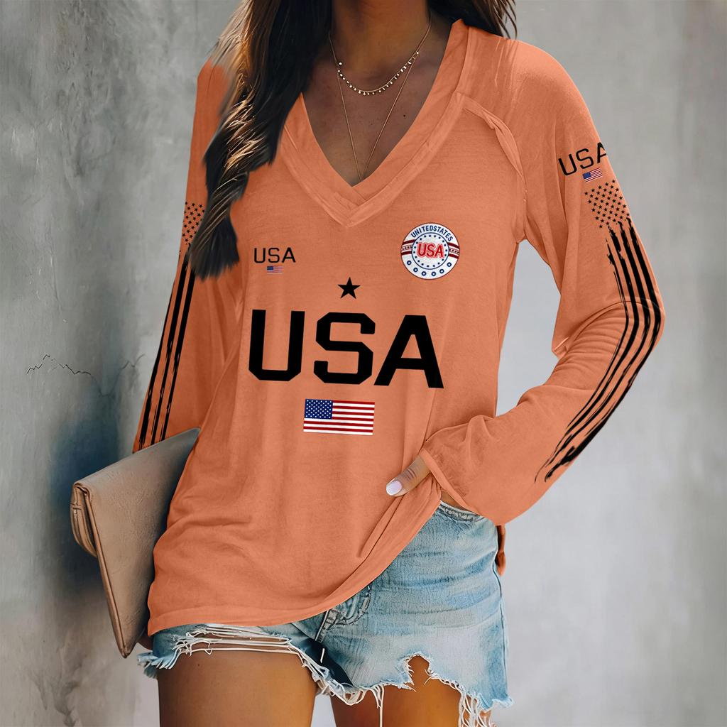 Sweter z długim rękawem i dekoltem w serek z nadrukiem liter USA i grafiką flagi, luźny top w stylu unisex dla kobiet i mężczyzn, wygodny, lekki design