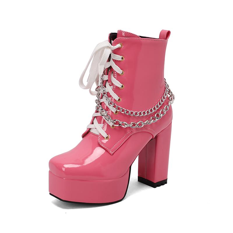 2026 High Gloss Patent Leather Lace Up Zipper Metal Chain Punk Style Short Boots Square Toe High Thick Heel Platform Boots